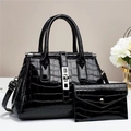 Conjunto de bolso negro brillante con grabado de cocodrilo, correa larga y cartera - Negro