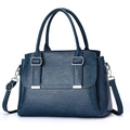 Minimalist large capacity dark blue pebbled leather tote bag with silver hardware accents - Dark Blue