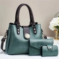 Ensemble de 3 sacs vintage vert foncé avec grand cabas et portefeuilles assortis en cuir PU - Vert