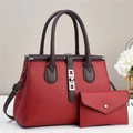Red lychee grain leather tote bag with brown handles and matching envelope wallet - Red