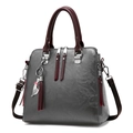 Gray leather handbag with burgundy handles and cute cat pendant charm for women - Gray