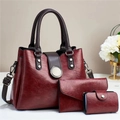 Three-piece burgundy faux leather handbag set with tote, wallet and card holder - Wine Red