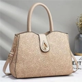 Beige lace tote bag with vintage embroidery floral patterns and gold metal lock - Khaki