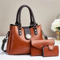 Three-piece vintage brown faux leather bag set with large tote and matching pouches - Earthy Yellow