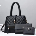 Three-piece black quilted faux leather handbag set with gold hardware and tote bag design - Black
