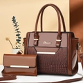 Brown faux crocodile leather handbag set including tote bag and matching long wallet - Coffee