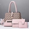 Three-piece women bag set in pink and monogram print with shoulder straps and gold hardware - Pink
