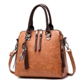 Brown vintage textured leather satchel bag with cat pendant and tassel ornament - Khaki/Earth Yellow
