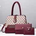 Three-piece handbag set in burgundy and beige monogram with tote, wallet, and card holder - Burgundy