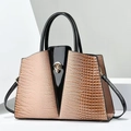 Borsa tote bicolore con trama a coccodrillo e finitura in vernice nera da donna - Khaki Cucito Nero