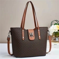 Retro geometric print tote bag with brown leather handles and silver metal clasp - Coffee & Mustard Yellow