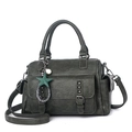 Dark grey-green retro Boston handbag with soft leather texture and charm detail - Army Green