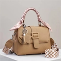 Khaki lychee leather handbag with silk scarf handle and wide geometric shoulder strap - Khaki