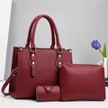Litchi pattern dark red tote bag set with matching inner pouch and small purse - Red