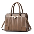 Brown faux leather boston bag with crocodile texture and gold hardware details - Dark Khaki