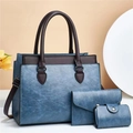 Three-piece retro blue textured tote set with crossbody strap and matching small bags - Blue