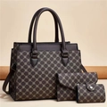 Detailed view of the 3-piece brown tote bag set with geometric patterns and golden hardware - Coffee/Coffee-Small Pattern
