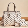 Detailed view of 3-piece bag set including tote and clutch with grid print - Khaki/Khaki-Small Pattern