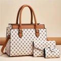 Three-piece women bag set including tote and clutch with floral print and brown trim - Khaki/Yellow-Small Pattern