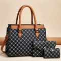 Three-piece women bag set including a tote, pouch, and coin purse in jacquard canvas - Black/Ochre-Small Pattern