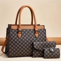 Three-piece printed tote handbag set with crossbody strap and matching clutch in brown and tan - Coffee/Ochre-Small Pattern