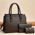 Juego de 3 bolsos marrones con estampado de monograma, incluye bolso grande y carteras - Café/Café-Patrón X