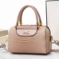 Lizard pattern bucket shoulder bag with kangaroo logo and gold hardware in soft beige - Khaki