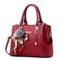 Dark red lychee pattern tote bag with decorative silk scarf and plush ball charm - Large / Burgundy