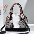 Elegant snake pattern shell bag with silk scarf handle and detachable shoulder strap - White