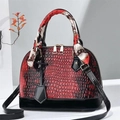 Red and black crocodile pattern shell bag with silk scarf handle and gold hardware - Red
