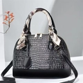 Elegant black crocodile texture shell bag with decorative silk scarf and gold hardware - Gray