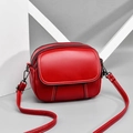 Red lychee texture PU leather small crossbody bag with white stitching and zipper detail - Red