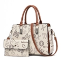 Graffiti print tote and wallet set with gold buckle and adjustable shoulder strap - Rice White & Earthy Yellow