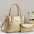 Golden metallic tote bag set with matching clutch and adjustable strap for women - Gold
