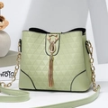 Light green embossed bucket bag featuring a gold cat clasp and metallic tassels - Green
