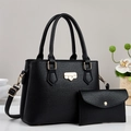 Black litchi pattern tote bag set with detachable shoulder strap and small pouch - Litchi Pattern 2-Piece Bag Set / Black