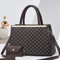 Sac cabas à motif géométrique rétro avec anses en cuir brun et petit sac assorti - Café