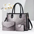 Three-piece grey crocodile pattern handbag set with tote, envelope clutch and card holder - Light Purple