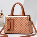 Brown printed tote bag with interlocking patterns and small matching pendant pouch - Khaki/Earth Yellow
