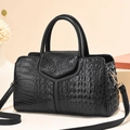 Black ostrich pattern tote bag with V-shaped flap and detachable shoulder strap - Black