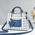 Blue and white checkered handbag with Fashion Queen print and silver key pendant - Large Check Blue