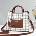 Plaid pattern tote bag with leather handles and heart pendant on a stone surface - Large Check Ochre Yellow