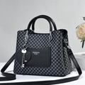 Chic grey geometric pattern tote bag with Fashion Queen text and silver key charm - Black Rhombus
