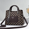 Detail of checkered print handbag with FASHION Queen pocket and heart pendant charm - Checkerboard Coffee