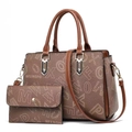Graffiti print tote bag and matching long wallet set in brown textured faux leather - Khaki with Earthy Yellow