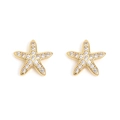Detailed view of gold starfish earrings featuring pave-set sparkling zircon crystals - Starfish Shape Style (E21120094-Gold)