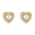 Detailed view of heart-shaped zircon earrings with halo setting in gold-plated metal - Heart Halo Style (E1700011-Gold)