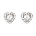 Macro shot of silver heart-shaped stud earrings with sparkling pavé-set cubic zirconia stones - Heart Halo Style (E1700011-Silver)