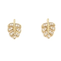 Close-up of 18K gold leaf earrings with micro-pave cubic zirconia Monstera design - Plant Leaf Style (E21120091-Gold)