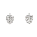 Close-up of leaf-shaped stud earrings with pavé-set shimmering cubic zirconia stones - Plant Leaf Style (E21120091-Silver)